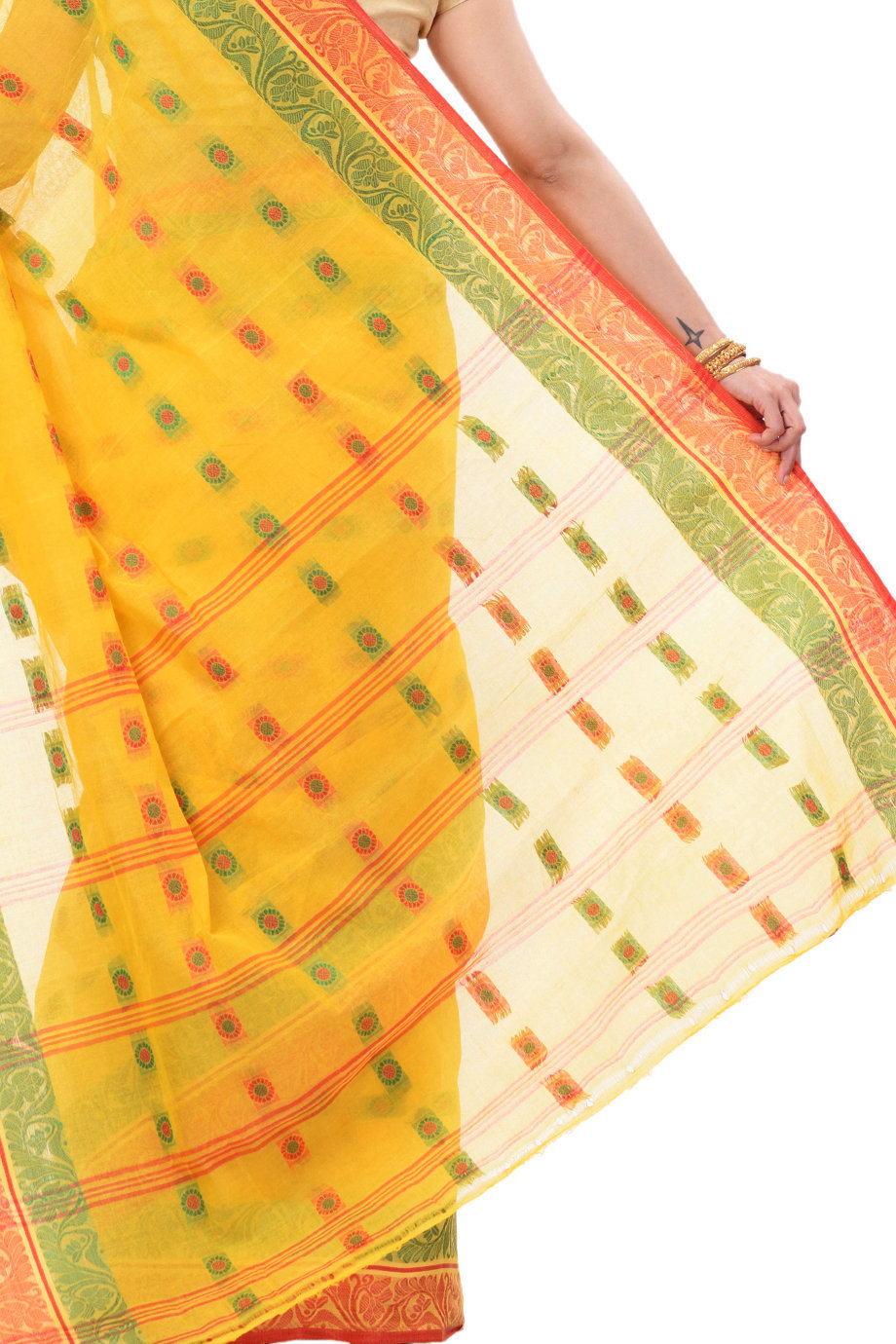Yellow Pure Cotton Pushti Desiging Tant Saree (229)